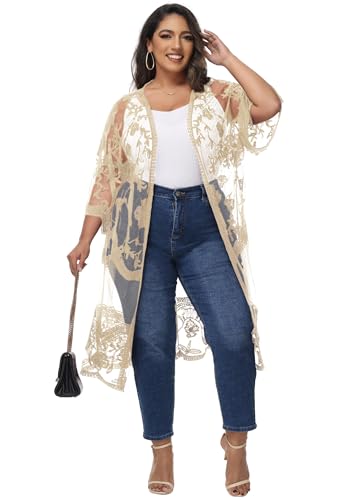 Image of Anna-Kaci Women's Plus Size Lace Cardigan Embroidered Long Kimono Dusters with Half Sleeves