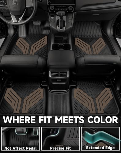 Image of Premium Color TPE Floor Mats Custom Fit for Honda CR-V 2017-2022 (Gasoline & Hybrid CRV), Saddle Brown Wing Design | All-Weather Heavy Duty Car Floor Liners Full Set 1st & 2nd Row