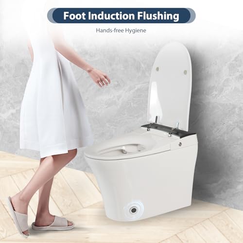 Inodoro inteligente de una pieza con asiento calefactable, sin depósito ni bidé, con descarga por sensor de pie, luz nocturna azul, control mediante perilla y descarga en apagones, tapa de cierre suave, blanco y gris miniatura 2