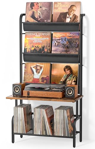Bikoney Mueble para Tocadiscos con Almacenamiento de Vinilos, Estantería Expositor de Discos de Vinilo, Armario con Estante para Vinilos y LPs para Casa o Salón Más Grande