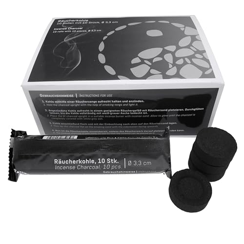 Räucherkohle Kokoskohle 33 mm – Großpack 10 Rollen (100 Tabletten) | Selbstzündende Kohletabletten mit Mulde | Gleichmäßige Glut | Schwarze Rollen im Karton