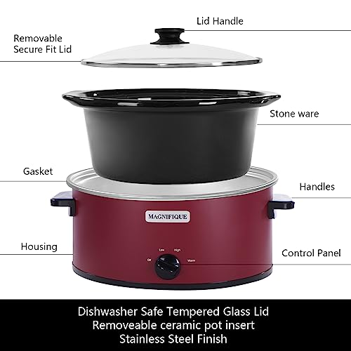 Magnifique-6-Quart-Slow-Cooker-Oval-Manual-Pot-Food-Warmer-with-3-Cooking-Settings-Red-Stainless-Steel Magnifique 6 Quart Slow Cooker Oval Manual Pot Food Warmer with 3 Cooking Settings Red Stainless Steel