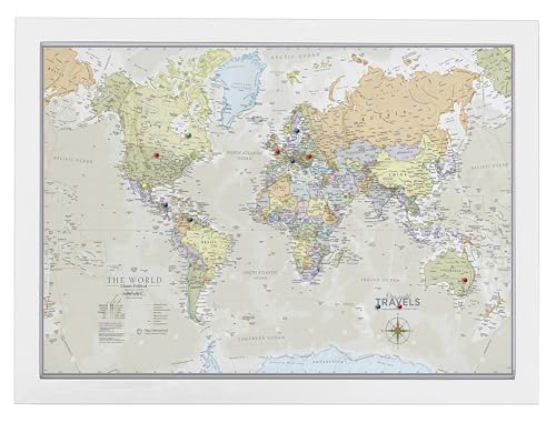 Framed Push Pin Classic World Travel Map - Canvas Pin Board White Frame with Pins - Travel Map Pin Board Gift - Maps International