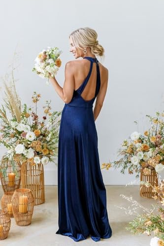 Women’s Halter Velvet Bridesmaid Dress Floor Length Open Back Formal Wedding Guest Dresses 20243