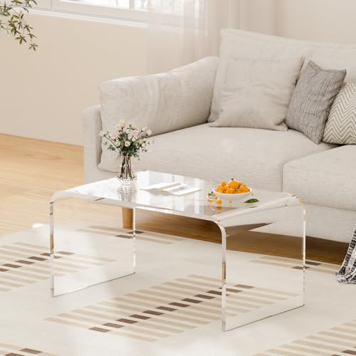 VDGPWA Premium Small Acrylic Coffee Table 24 L x 14 W x 12 H x 1/2 Thick Little Modern Waterfall Center Table for Living Room Rectangle Lucite Coffee Table Acrylic Furniture Clear Table