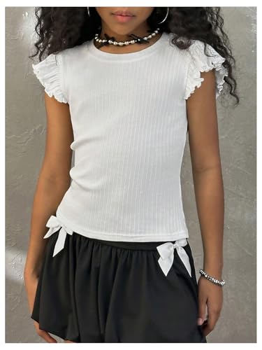 Girl's Ruffle Cap Sleeve T Shirts Crew Neck Ribbed Knit Summer Casual Tee Tops4
