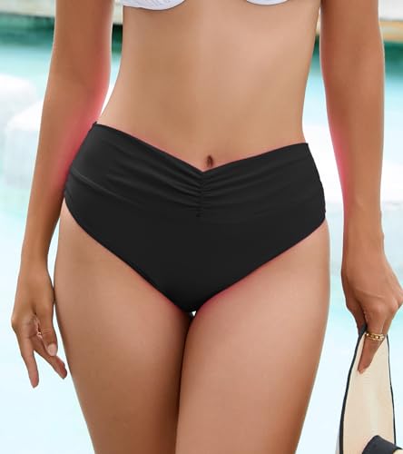 YELAIVP Women's High Waisted Bikini Bottoms Shirred V Cut Swimsuit Bathing Suit Bottom3