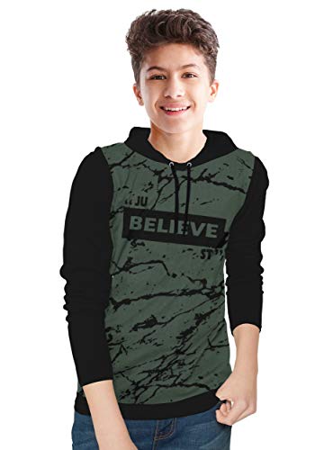 Image of BLIVE Kid's Hooded Neck Full Sleeves T-Shirt | Printed T-Shirt (Olive Green-Black, 14-15 Years)