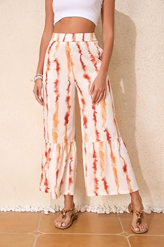 Boho Palazzo Pants for Women Wide Leg Lounge Beach Summer Trousers Elastic Waisted with Pockets Pants Yellow Stripes L3