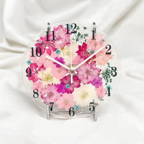 花*花Gluck フローラルウィスパー アクリル製 壁掛け・置き時計, ピンク押し花デザイン, φ15cm, アナログ表示, 電池式, インテリア時計, ギフトボックス付き
