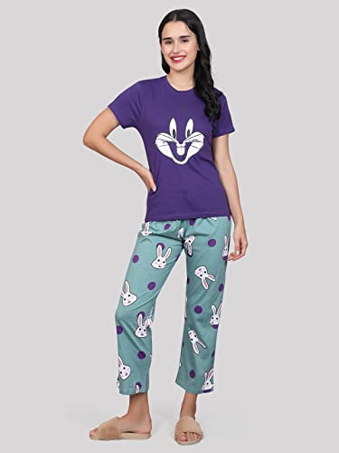 Image of Evolove Women's Cotton Round Neck Short SleevesNight Suit Set /Top Pyjama Set Super Soft Comfortable (Nightsuit-Round-HS-4)