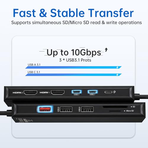 Image of USB C Laptop Docking Station Dual Monitor Dual HDMI 4K DP Triple Display Hub, 13 in 1 MOKiN USB C Hub with 3 Monitors, DisplayPort, USB 3.1, RJ45, 100W PD, Card Reader, Audio /Mic, for Dell HP, Black
