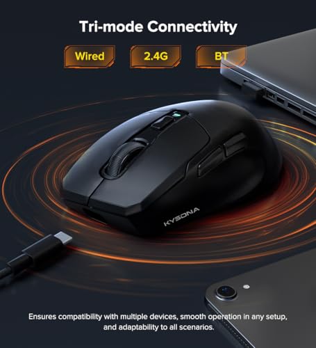 Image of KYSONA Wireless Gaming Mouse, 26000 DPI, 8K Polling Rate, Tri-Mode 2.4GHz /USB-C /Bluetooth Ergonomic Mouse with Web-driven, Ice-cooling Coating, Rechargeable Gaming Mice for Laptop /PC /Mac /Tablet, Black