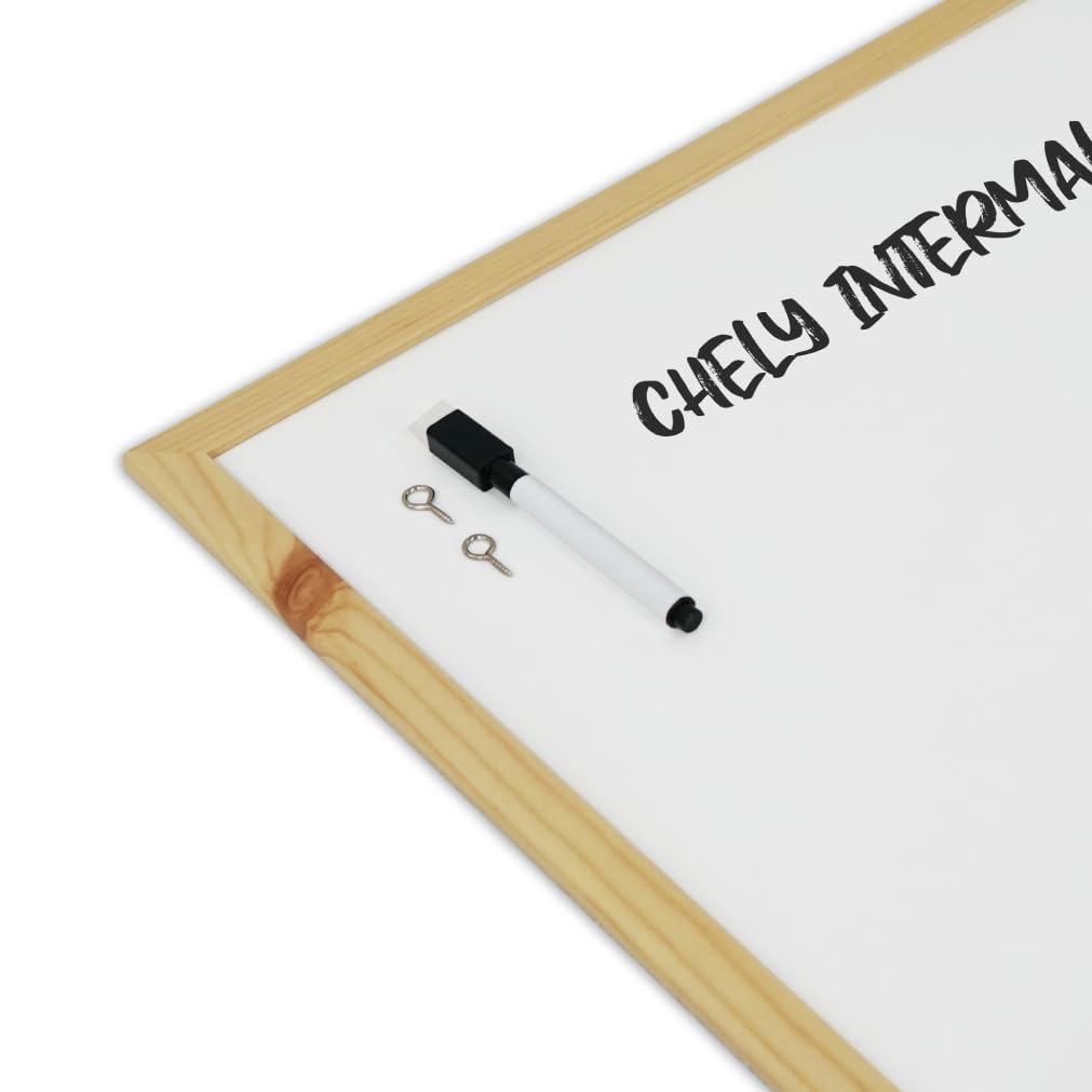 CHELY INTERMARKET Pizarra Blanca Esmaltada 50X70 CM NO Magnética Marco Madera Incluye Rotulador Borrador Kit Colgar Tablero Oficina Escuela Reuniones Presentaciones Dibujos Planificación