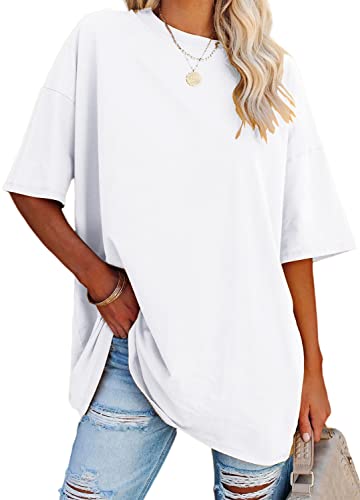 YEXIPO Women's Oversized T Shirts Graphic Tees Summer Short Sleeve Loose Fit Casual Crewneck Plain Tunic Tops White