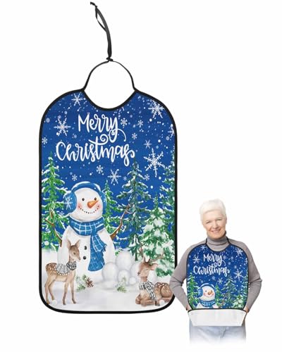 Christmas Adult Bib for Adults Men, Women, Winter Blue Snowman Pine Tree Snowflake Deer Washable & Adjustable Terry Cloth Bib with Crumb Catcher Reusable Waterproof Clothing Clothes Protector Apron