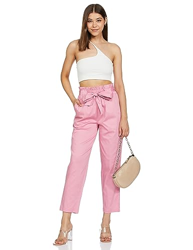 Image of Amazon Brand - Symbol Women's Slim High Rise Ankle Length Tapered Paper Bag Formal Trousers (with Self Fabric Belt) (Available in Plus Sizes)