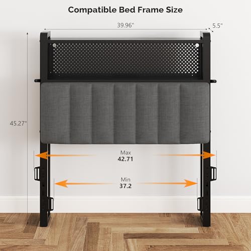 Image of VINGLI Twin or Twin XL Size Headboard, Adjustable Upholstered Headboard with 2 Tier Shelves and Pegboard with Charging Stations and LED Lights, Modern Bed Headboard with Storage for Bedroom Decor