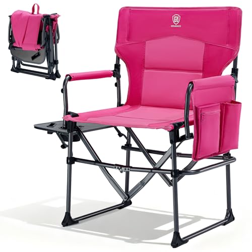 EVER ADVANCED Camping Directors' Chair with Side Table, Portable Folding with Compact Size, Heavy Duty Lawn Chair with Pocket for Camping, Lawn, Sports and Fishing, 400lbs, Pink