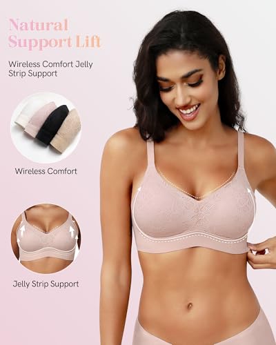 Image of As Fairy Lace Womens Bras Wirefree Full Coverage Support Comfort Wireless Push Up Bra Seamless Everyday T-Shirt Bralette Pink 32A