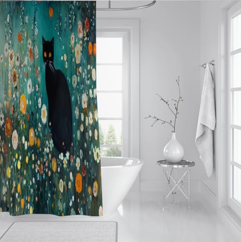 Rideau de douche chat noir imperméable en polyester avec crochets inclus
