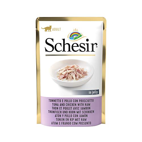 Schesir Cat Jelly Hühnerfilet mit Schinken, Katzenfutter nass in Gelee, 20 Beutel x 85 g