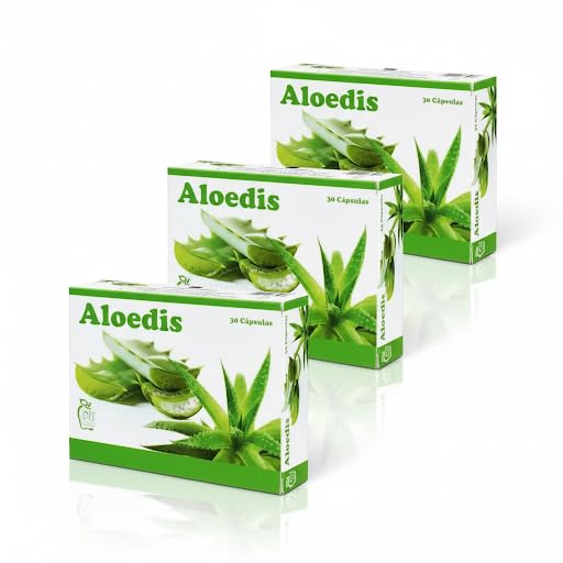 Dis Aloedis - Pack Ahorro 3 x 30 Cápsulas - Suplemento Digestivo, con Zumo de Hojas de Aloe Vera 360mg y Carbón Activo 3.75mg - Para Ayudar a Equilibrar la Flora Bacteriana