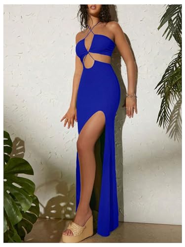 Image of MakeMeChic Women's Sleeveless Criss Cross Halter Dress Cut Out High Waisted Split Thigh Maxi Sundress Royal Blue Medium