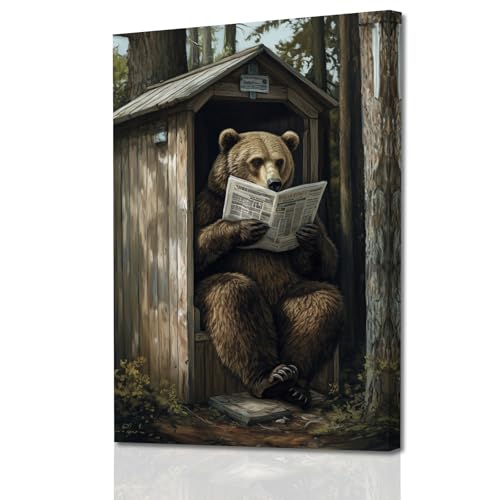 AWPANERAR Bear Canvas Wall Art Bear Reading Newspaper in Outhouse