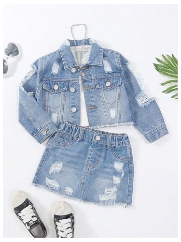 Image of WDIRARA Girl's 2 Piece Outfit Ripped Button Front Long Sleeve Denim Jackets and Mini Skirts Set