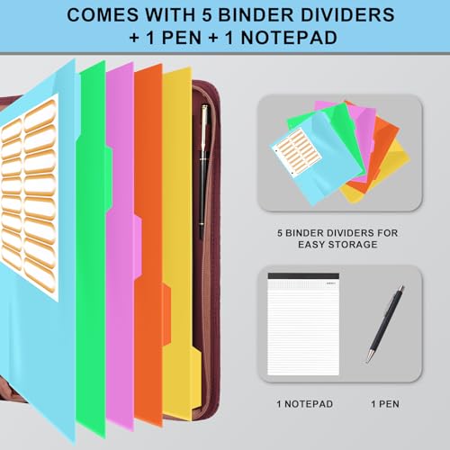 Image of Eshow Portfolio Organizer - 3 Ring Binder with Zipper, Vegan Leather Business Padfolio Folder with Notepad Includes 5 Color Sheet Protectors for Documents Files for Men Women