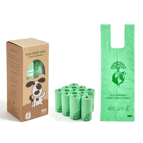Image of NYEONHRT Certified Compostable Dog Poop Bags, 100 Counts Extra Thick and Leak Proof Biodegradable Pet Poop Handle Tie Bags with US BPI, ASTM D6400, EN13432 and OK Compost Certified (10 Rolls)