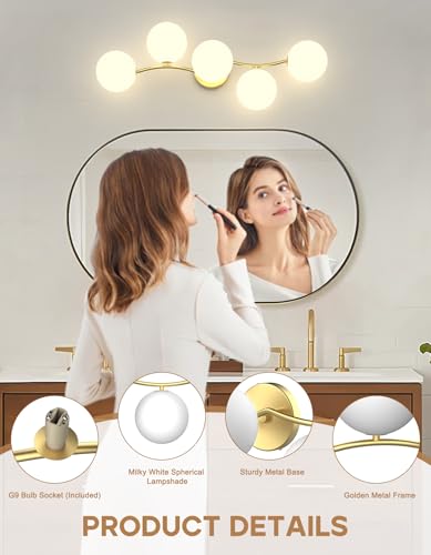 Image of 5-Light Bathroom Vanity Light, Bathroom Lighting Fixtures Over Mirror with Milk White Glass Shades, Modern Brass Gold Vanity Lights Dimmable Wall Sconce Wall Mount for Stairway, Bedroom, Hallway