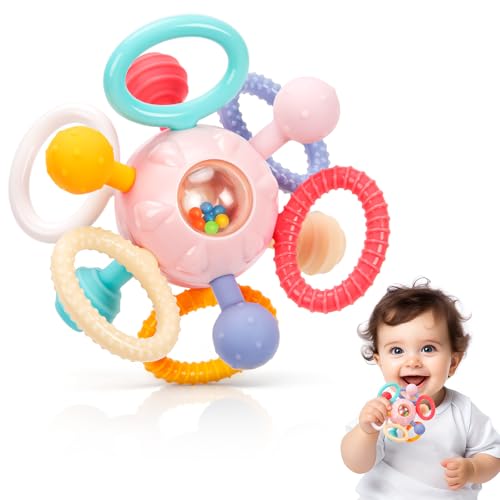 Baby Teething Toys for 0-6 6-12 Months, BPA-Free Silicone Teether, Infant Sensory Chew Rattles Toys, Gifts for Infant Newborn Boys Girls 0 3 6 9 12 18 Months, Light Pink