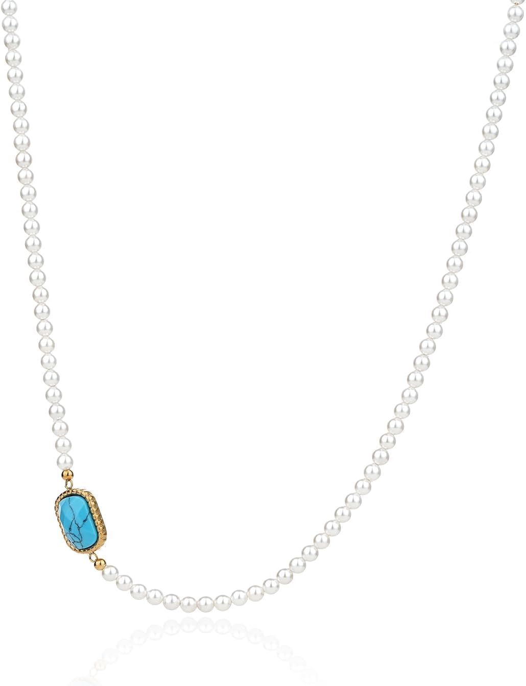 Natural Pearl Bead Necklace for Women 18k Gold Plated Half Paperclip Chain Evil Eye Pendant Cross Necklace Natural Pearl Jewelry Gift for Girlfriend Wife