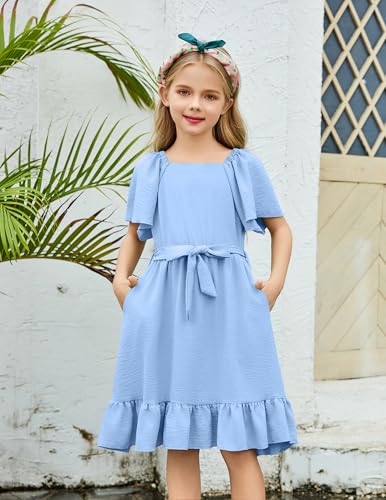 Arshiner Girls Dresses Kids Summer Square Neck Ruffle Hem Belted Dress with Pockets for 5-12 Years3