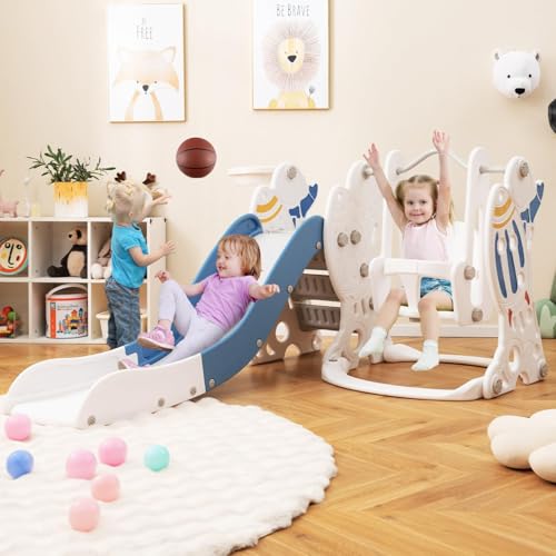 Costzon 4 in 1 Toddler Slide and Swing Set, Rocket Indoor Outdoor Baby Swing w/Slide, Swing, Climber, Basketball Hoop and Ball, Kids Climber Playground Playset for Boys Girls Gifts Presents