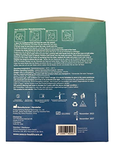 SESCO - FFP3 Maske Amyneo, 20 Stück, Einzelverpackt im Polybag, Verstellbares Kopfband, Schaumstoff an der Nase, Höchster Schutz, CE Zertifizierung nach EN149:2001+A1:2009, CE1008