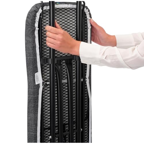 Image of Brabantia Compact Ironing Board with Left /Right Adjustable Steam Iron Rest | Small (Size A) | Fairtrade Denim Gray Cover | Adjustable Height (27-38 inch), Easy Fold, Anti-Collapse Lock, Non-Slip Feet