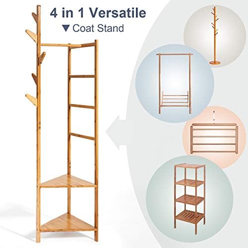 Hododou Coat Stand Upgrade Version 4 in 1 Bamboo Coat Stand Versatile Corner Coat Tree Storage Shelf with 2 Storage Rack and 1 Hanging Rail and 1 Trousers Rack for Hallway Living Room Bedroom 166cm