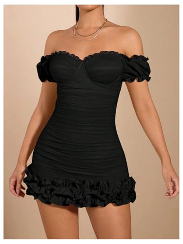 WDIRARA Women's Off Shoulder Puff Sleeve Ruffle Bodycon Dress Cocktail Party Mini Dress3