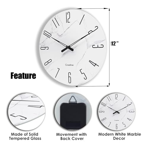 Wall Clock White Marble Theme Modern Decorative Waterproof Glass Clock for Bathroom Kitchen Home, 12 Inch Battery Operated - Image 4