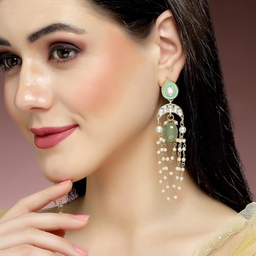 Image of Karatcart Yellow Crystal and Pearl Kundan Dangler Earrings for Women