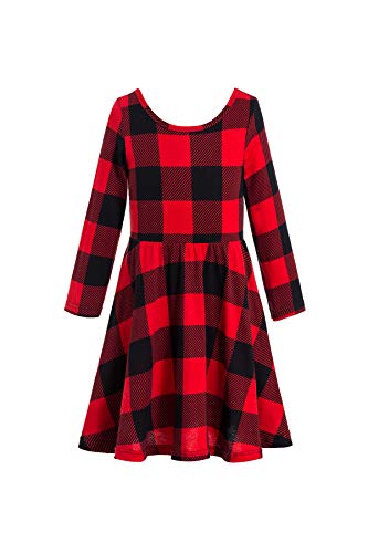 Girls' Taffeta Holiday Party Dress Red Plaid Christmas Dress Baby Kids Girl Long Sleeve Plaids Checked Party Princess Floral Dresses (Red, 6-7T)