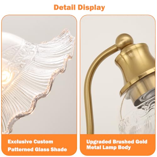 Image of Vintage Plug in Wall Sconce, Gold Plug in Sconce Set of 2 with Clear Glass, Brass Wall Lights Fixture with Plug in Cord, Flower Wall Lamp Decor with on /Off Switch & Cord for Bedside Bedroom Hallway