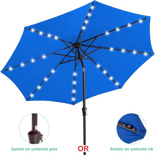 Image of JEAREY 9FT Outdoor Patio Umbrella with Solar Lights, LED Lighted Pool Umbrella with Tilt and Crank, Outdoor Table Umbrellas for Deck, Yard & Market (Royal Blue)