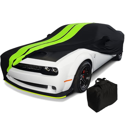 Image of SR1 Performance USA Indoor Car Cover for Dodge Challenger 2008-2023 - Ultraguard Stretch Satin Custom Fit, Dust Cover, Breathable Scratch-Resistant Sport Series Stripe (Black /Green)