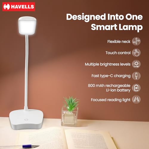 Image of Havells Lucento Table Lamp 4.5W | Integrated Touch Sensor|3 Step Dimmable LED Table lamp|3.7V, 800 mAh Lithium‑Ion Battery | Light Modes: 100%, 50%,25% | Eye Soft Technology for Soft Glare-Free Light