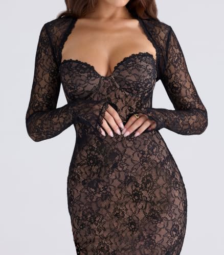 Image of Women Vintage Cream Lace Maxi Dress Romantic Long Sleevees Lace Bodycon Dress