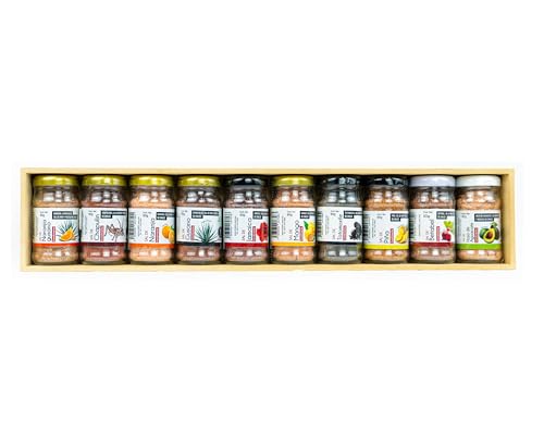 Opiniones de Salas Mexico - solo los mejores. 42 Kit de 10 Sales Mezcaleras Artesanales 60g c/u | Caja de Madera | Sal de Gusano, Chapulines, Frutas y Especias | Hecho en México por Mixólogos